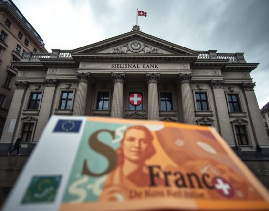 Swiss National Bank building in Bern on a cloudy day, representing Swiss franc monetary policy