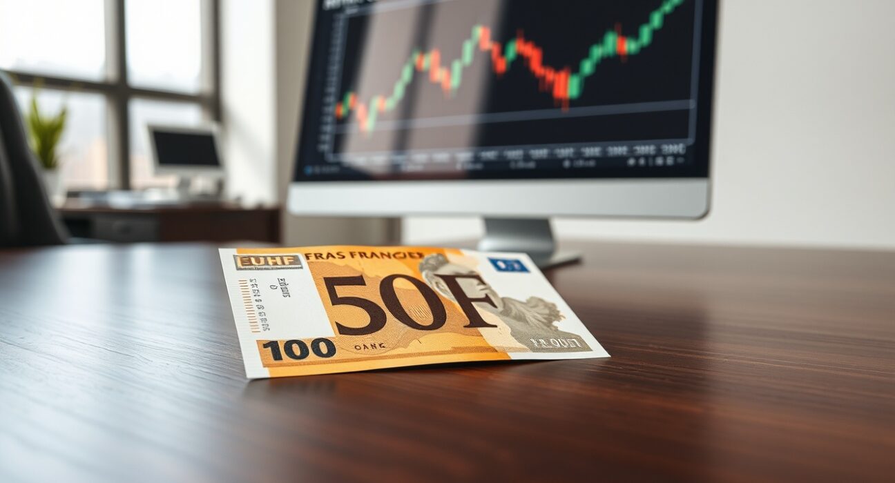 Swiss Franc banknote with forex chart analyzing SNB policy and safe-haven status.