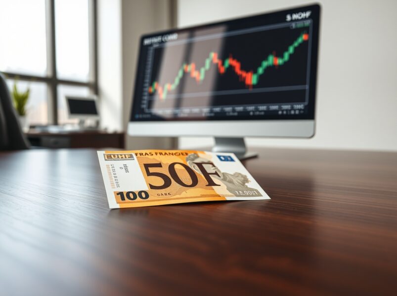 Swiss Franc banknote with forex chart analyzing SNB policy and safe-haven status.