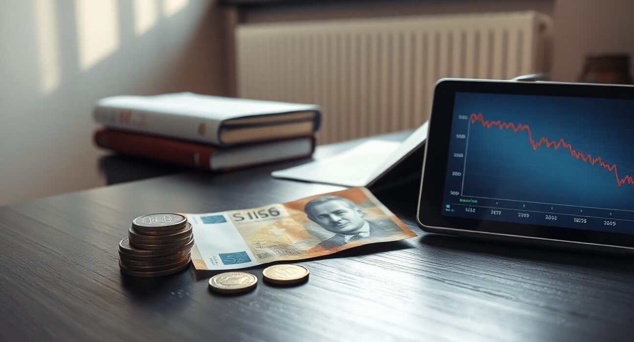 Swiss Franc banknotes and coins on a desk with a tablet showing a financial chart.