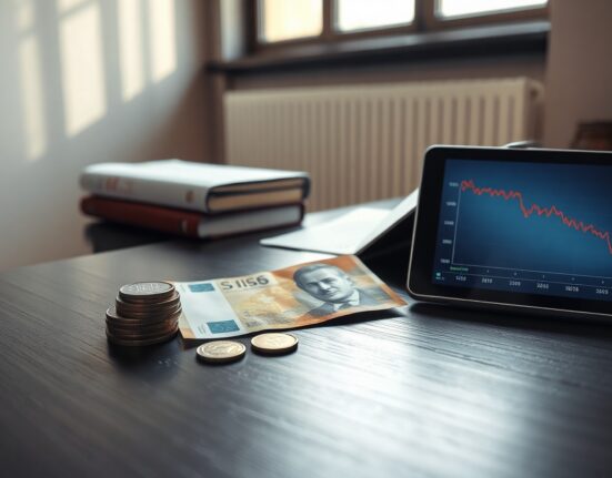 Swiss Franc banknotes and coins on a desk with a tablet showing a financial chart.