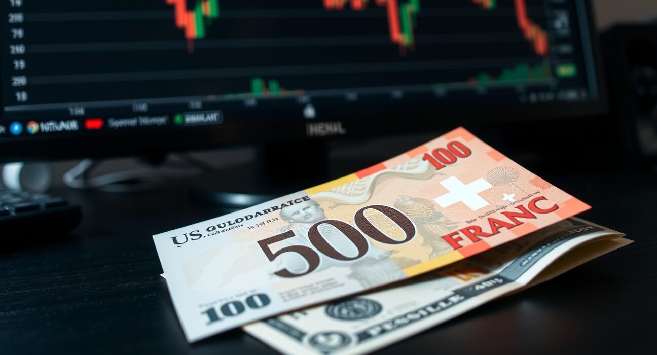 Swiss franc and US dollar banknotes with financial chart in background