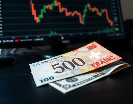 Swiss franc and US dollar banknotes with financial chart in background