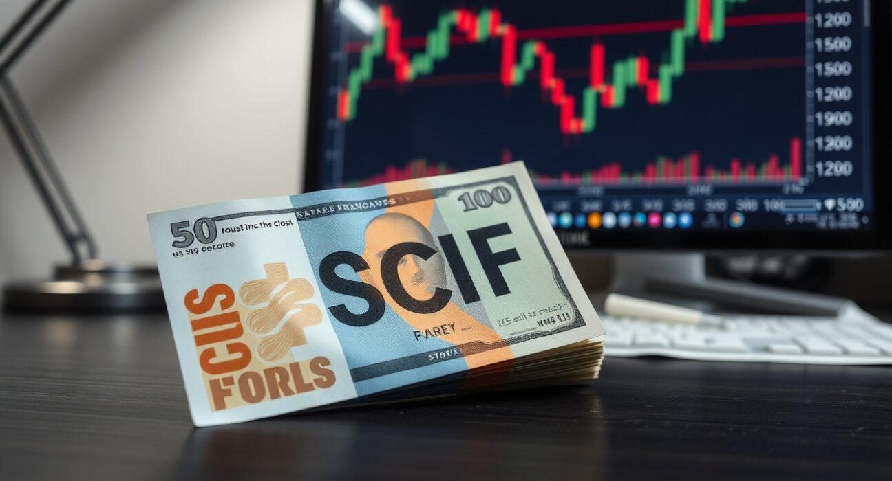 Swiss franc and US dollar banknotes on a desk with a financial chart in the background.