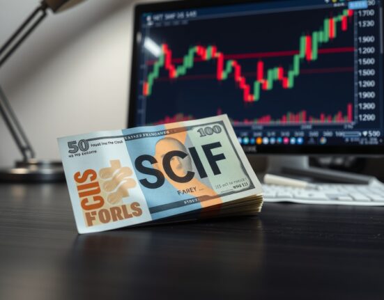 Swiss franc and US dollar banknotes on a desk with a financial chart in the background.