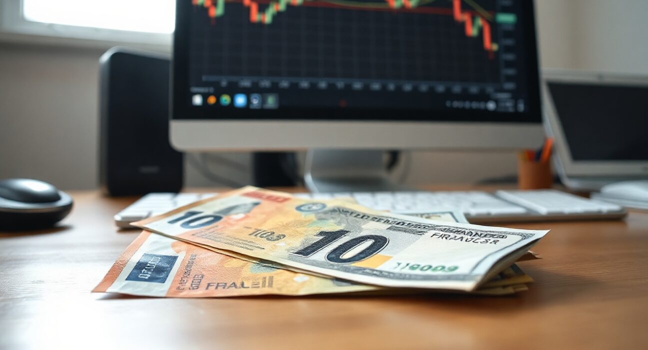 Swiss Franc and US Dollar banknotes on a desk with a forex chart in the background
