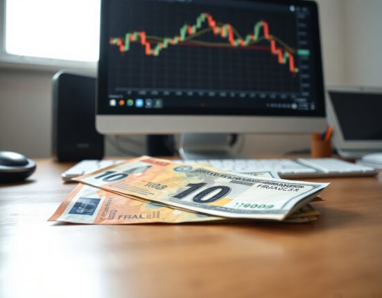 Swiss Franc and US Dollar banknotes on a desk with a forex chart in the background