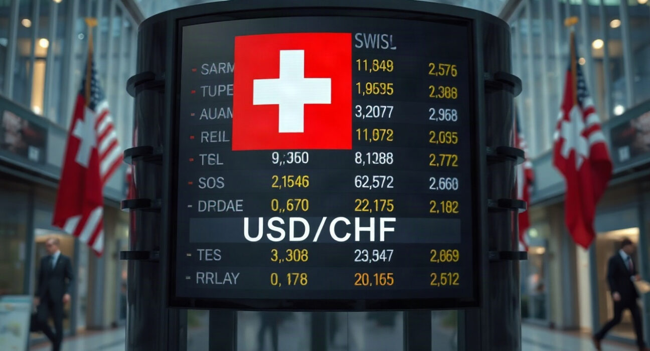 Currency exchange board showing USD/CHF rates in a financial district