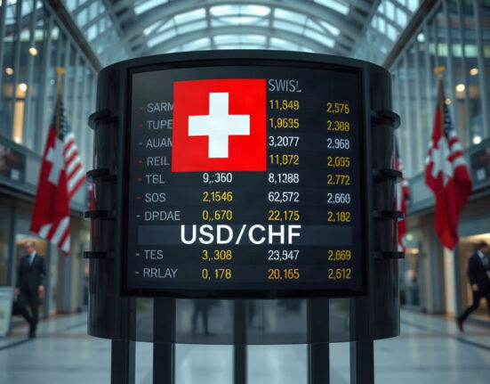 Currency exchange board showing USD/CHF rates in a financial district