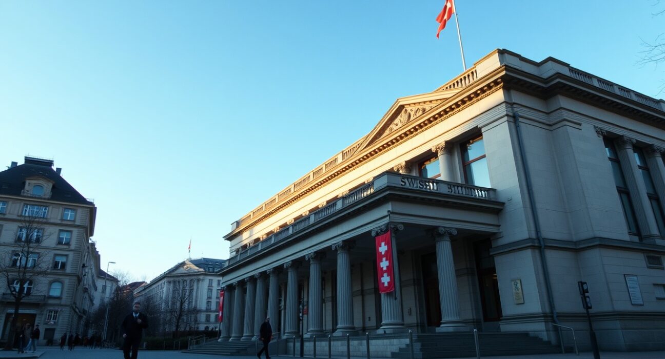 Swiss National Bank headquarters in Bern on a clear day, representing central bank policy and Swiss franc stability.