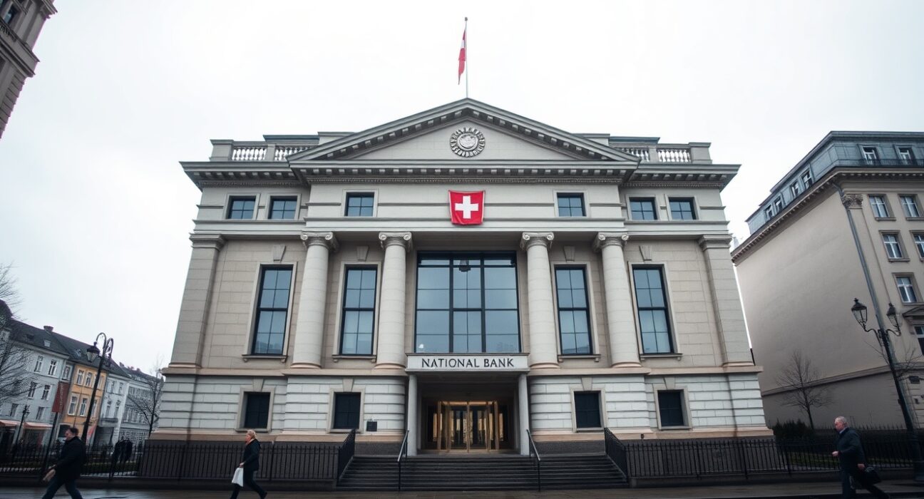 Swiss National Bank headquarters in Bern on a cloudy day