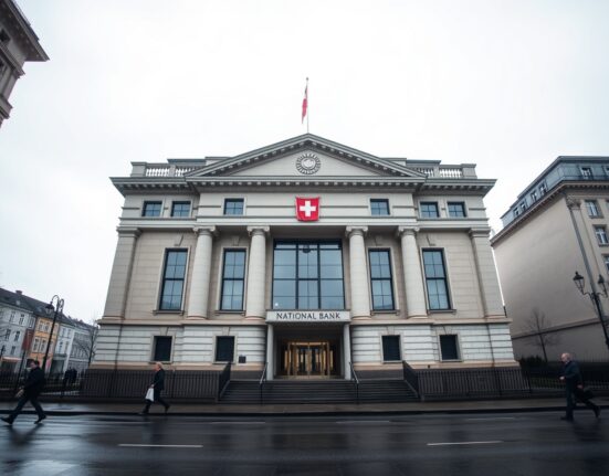 Swiss National Bank headquarters in Bern on a cloudy day