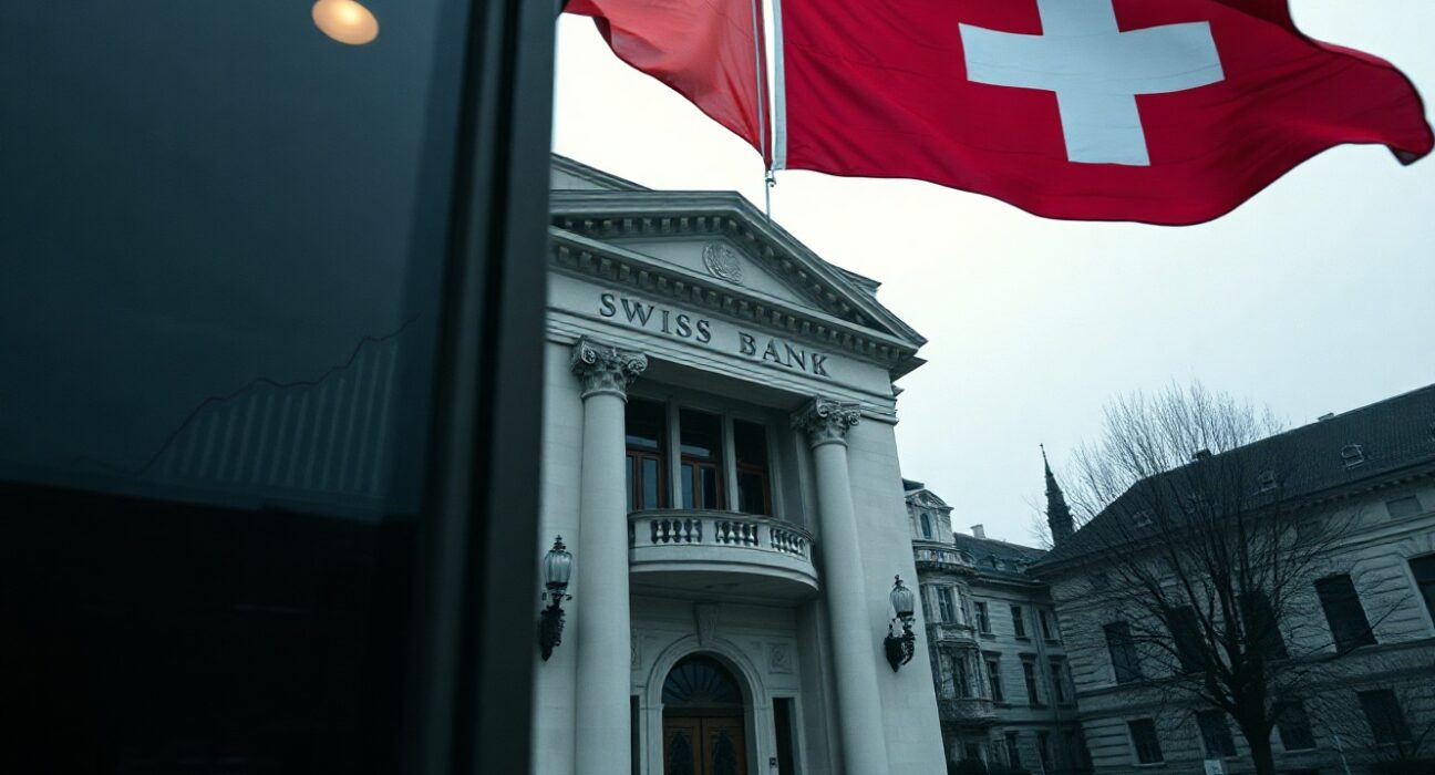Swiss National Bank headquarters in Bern under cloudy sky with Swiss flag