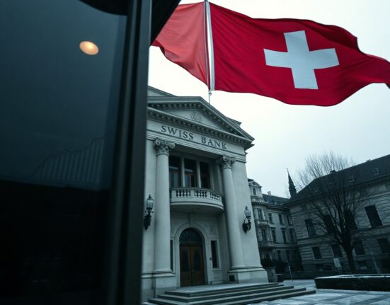 Swiss National Bank headquarters in Bern under cloudy sky with Swiss flag