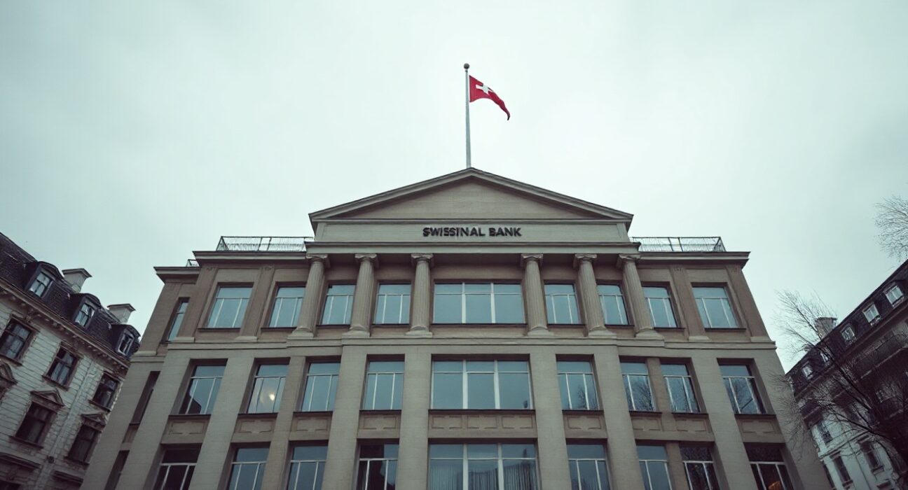 Swiss National Bank building in Bern under grey sky, representing steady monetary policy.