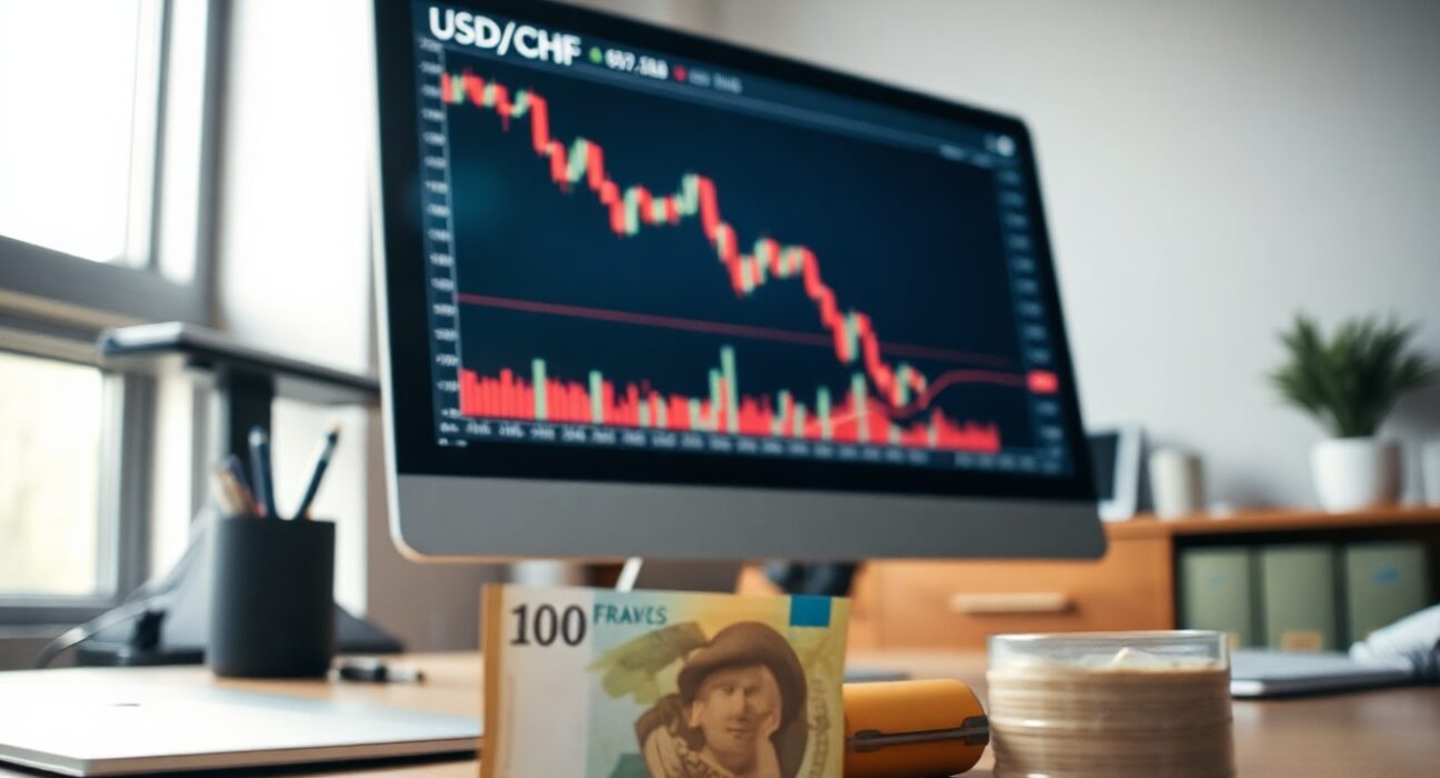 Analyst monitoring a declining USD/CHF chart on a computer screen with a Swiss Franc note nearby