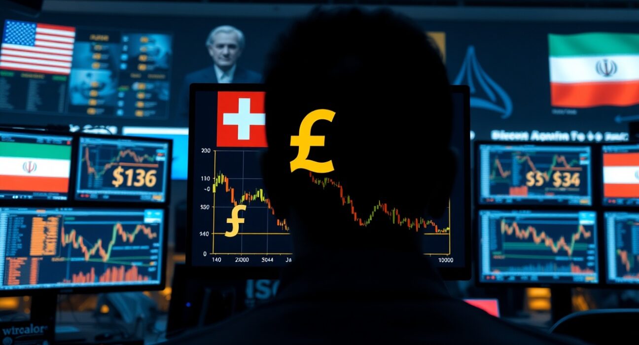 Trading monitors showing Swiss Franc exchange rate decline amid US and Iran flags representing geopolitical tension.