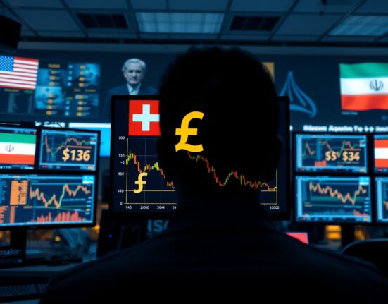 Trading monitors showing Swiss Franc exchange rate decline amid US and Iran flags representing geopolitical tension.