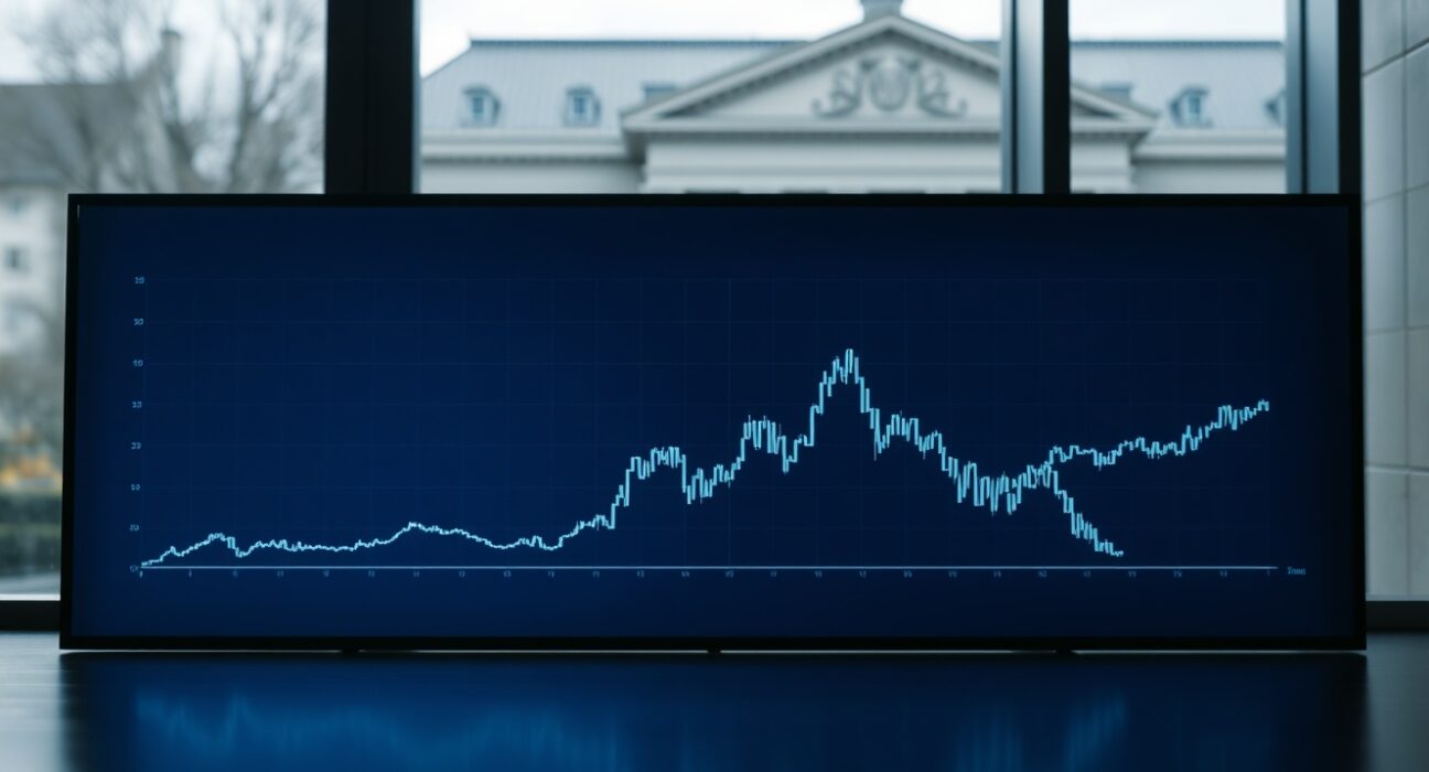 Digital display showing a steady USD/CHF currency chart with Swiss National Bank building in the background.