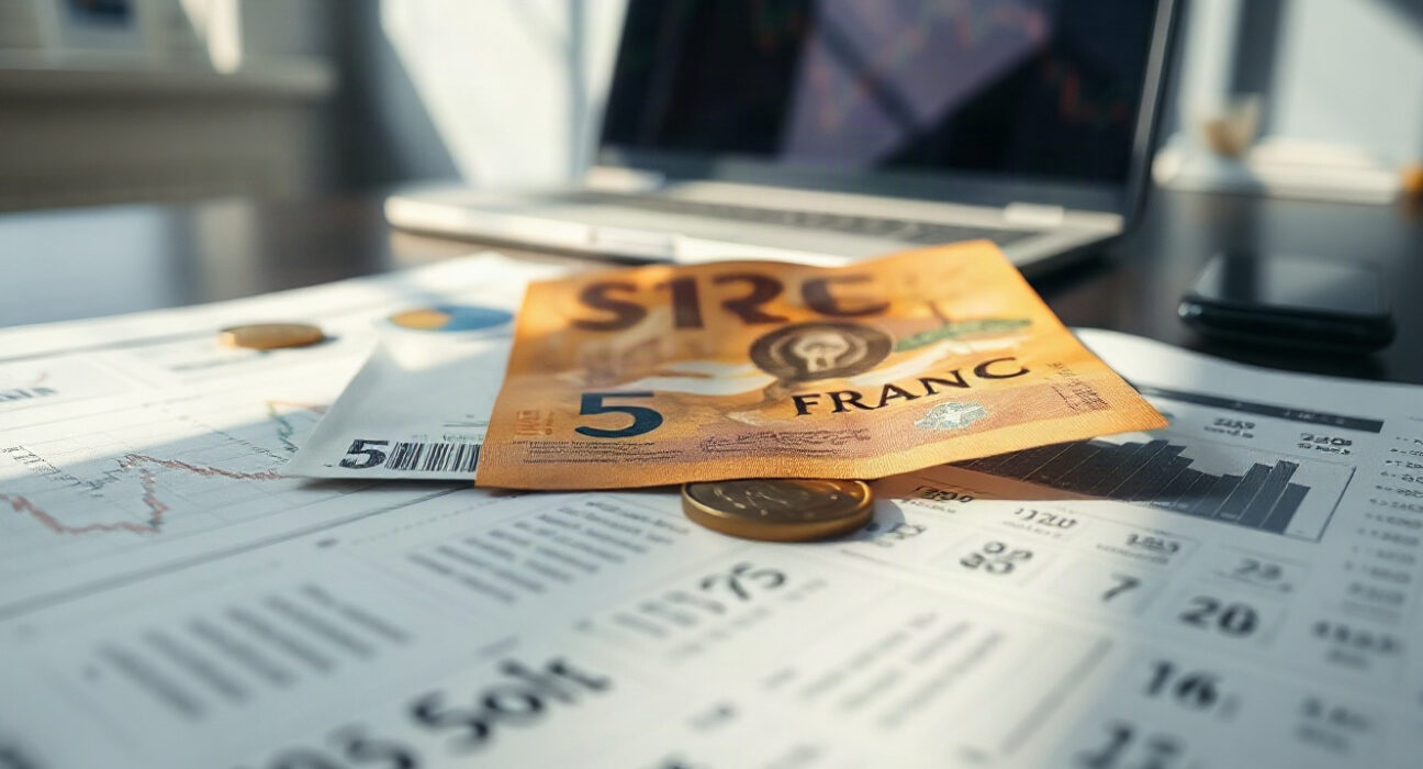 Swiss Franc banknotes and coins on a financial newspaper with stock charts