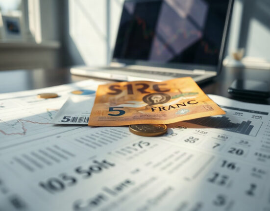 Swiss Franc banknotes and coins on a financial newspaper with stock charts
