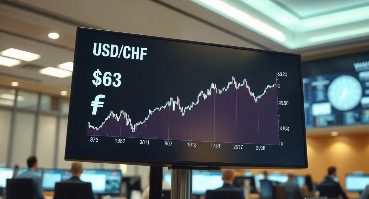 Digital display showing USD/CHF currency exchange rate chart in a professional trading environment.
