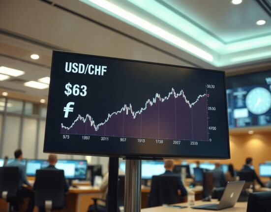 Digital display showing USD/CHF currency exchange rate chart in a professional trading environment.
