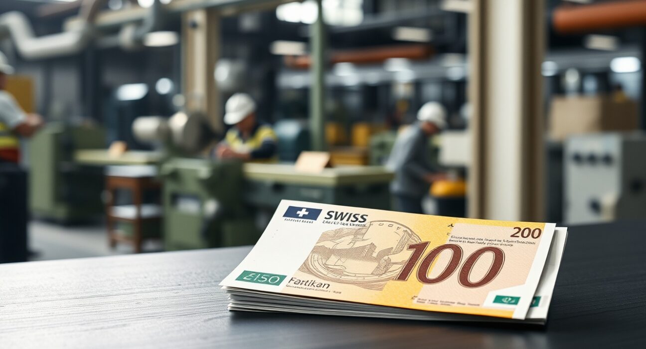 Swiss Franc banknotes on desk with blurred industrial factory background