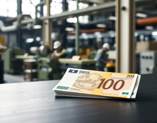 Swiss Franc banknotes on desk with blurred industrial factory background