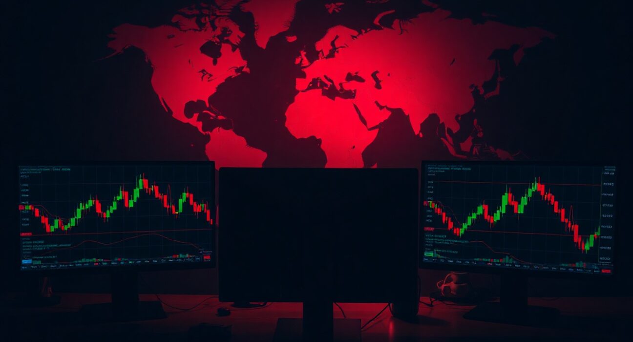 Dimly lit forex trading desk with monitors showing Swiss Franc charts and a world map highlighting the Middle East.
