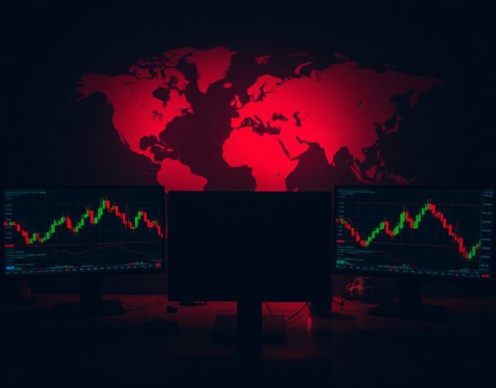 Dimly lit forex trading desk with monitors showing Swiss Franc charts and a world map highlighting the Middle East.