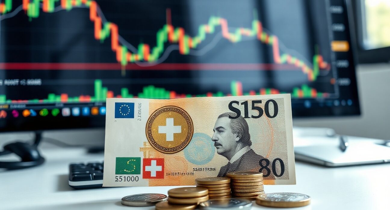 Swiss Franc banknotes and coins on a financial news desk with charts in background