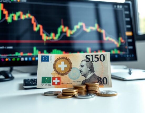 Swiss Franc banknotes and coins on a financial news desk with charts in background