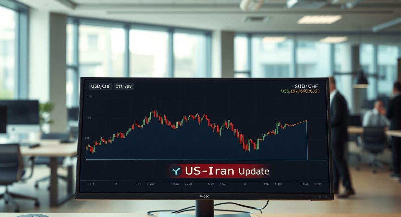 Trading desk monitor showing USD/CHF chart with flat movement, awaiting US-Iran deal news