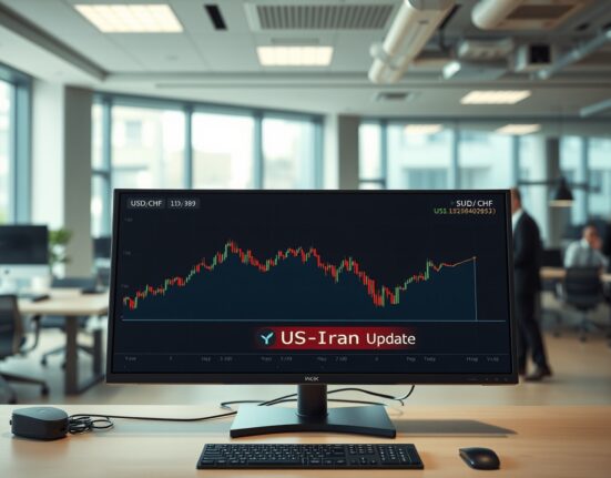 Trading desk monitor showing USD/CHF chart with flat movement, awaiting US-Iran deal news