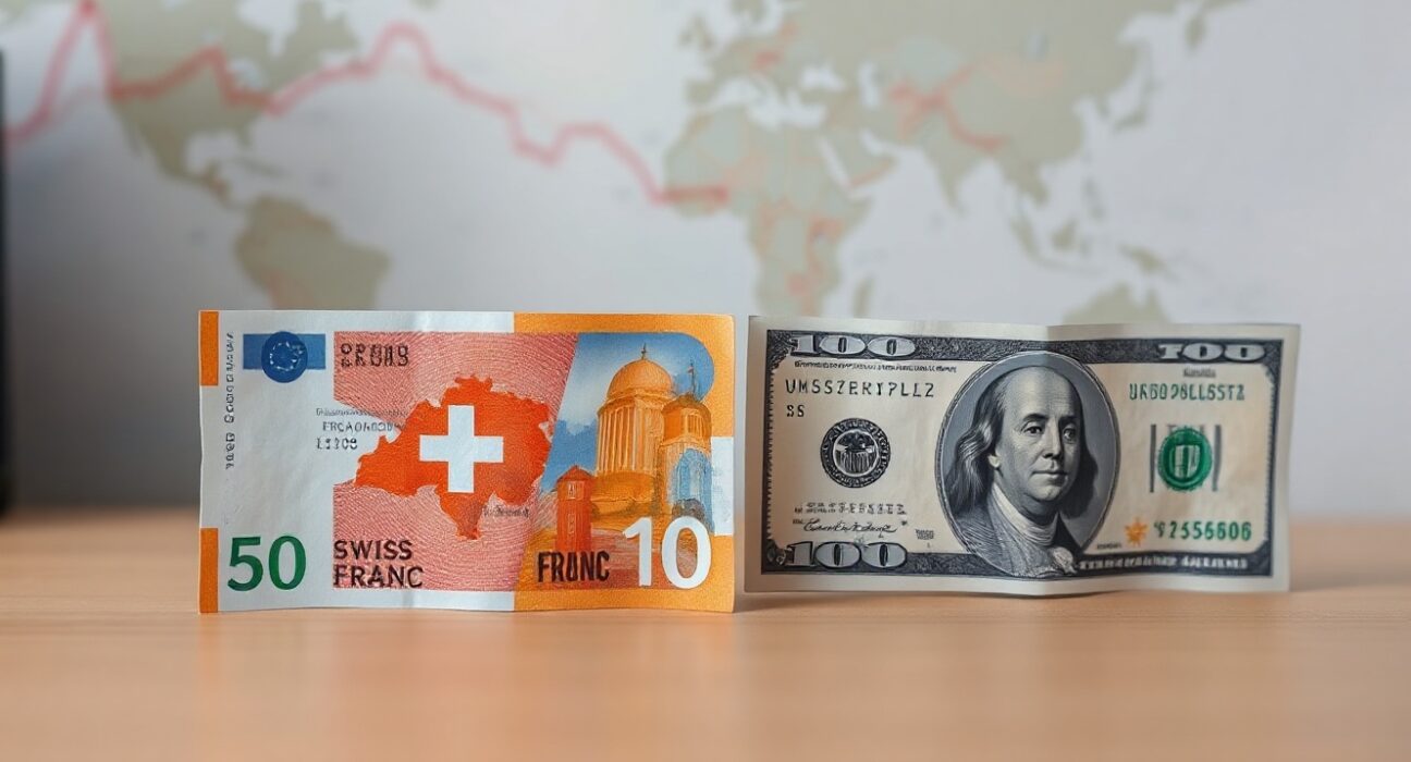 Swiss Franc and US Dollar banknotes on a desk, representing USD/CHF exchange rate