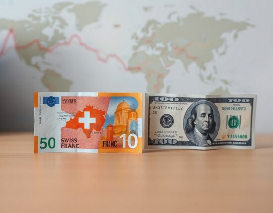 Swiss Franc and US Dollar banknotes on a desk, representing USD/CHF exchange rate