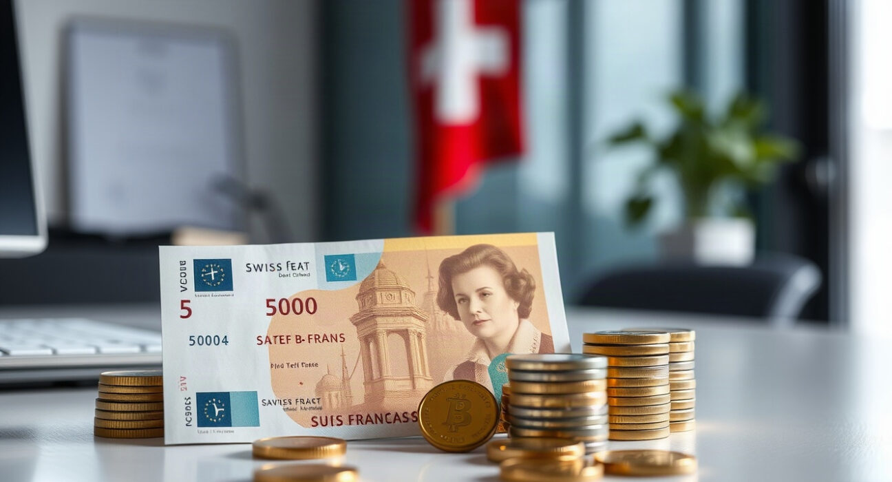 Swiss franc banknotes and coins on a desk with a Swiss flag in the background