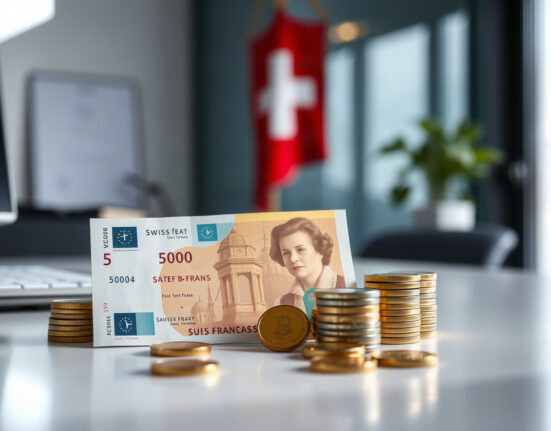 Swiss franc banknotes and coins on a desk with a Swiss flag in the background