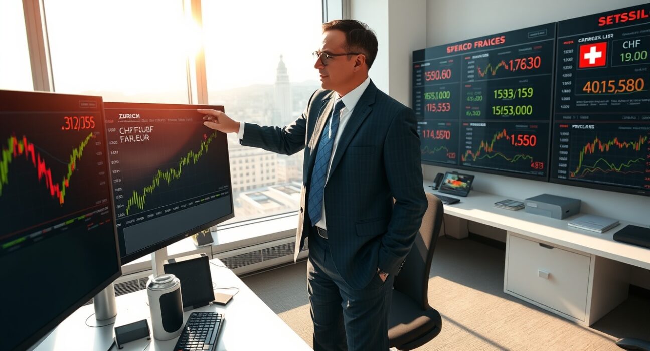Financial analyst examining Swiss franc exchange rate charts in Zurich trading room, representing