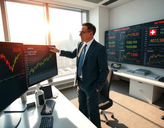 Financial analyst examining Swiss franc exchange rate charts in Zurich trading room, representing SNB policy analysis