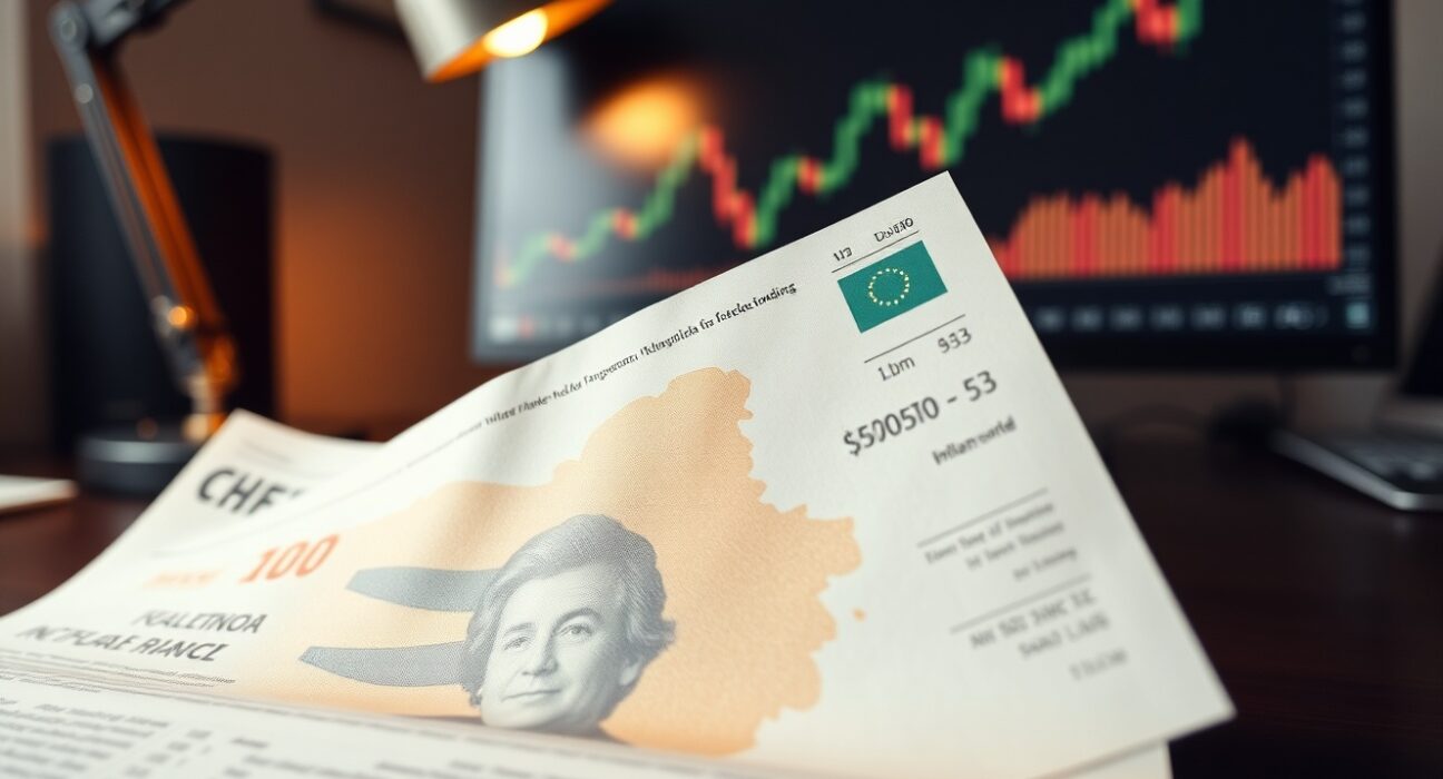 Swiss Franc banknote on a desk with a financial chart in the background