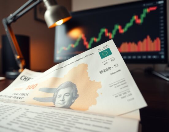 Swiss Franc banknote on a desk with a financial chart in the background