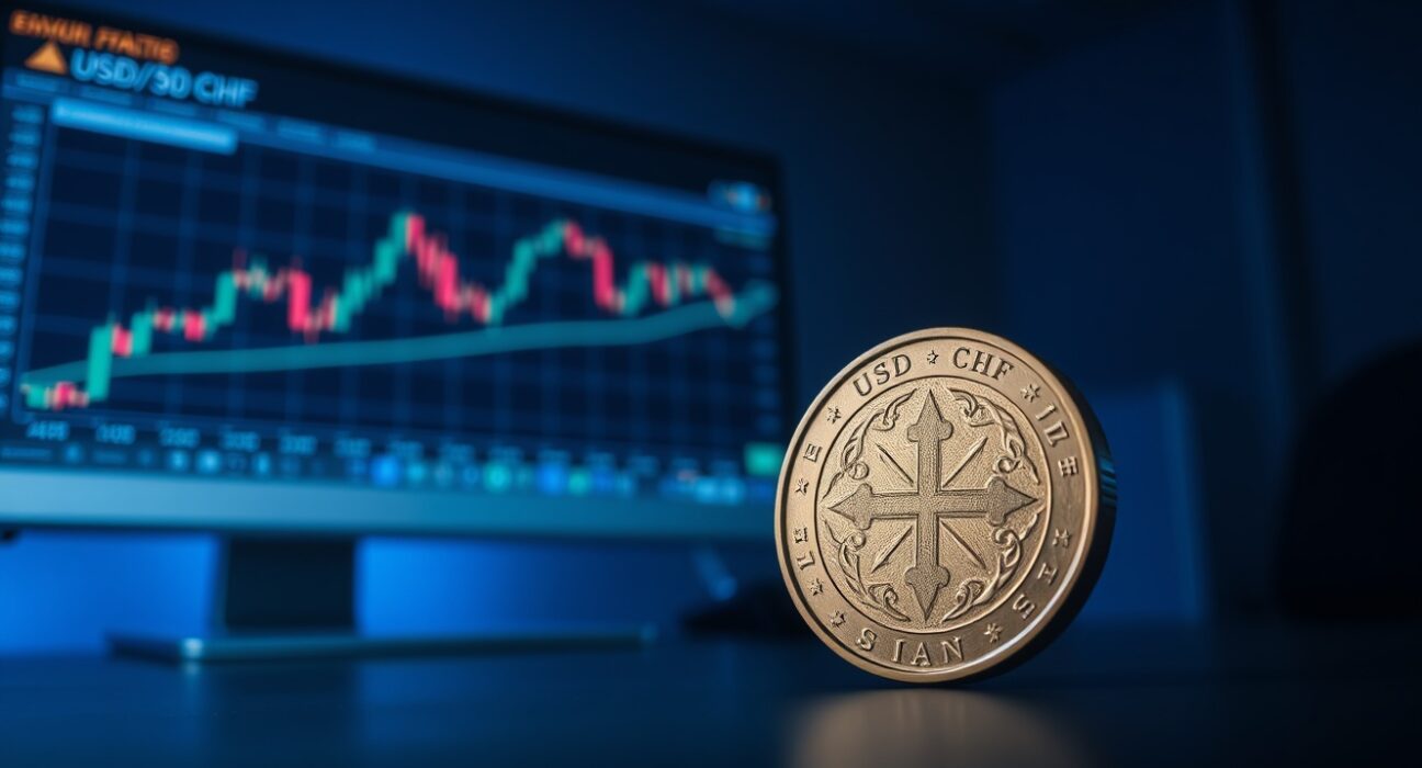 Swiss Franc coin in focus with a blurred monitor showing USD/CHF forex chart in the background.