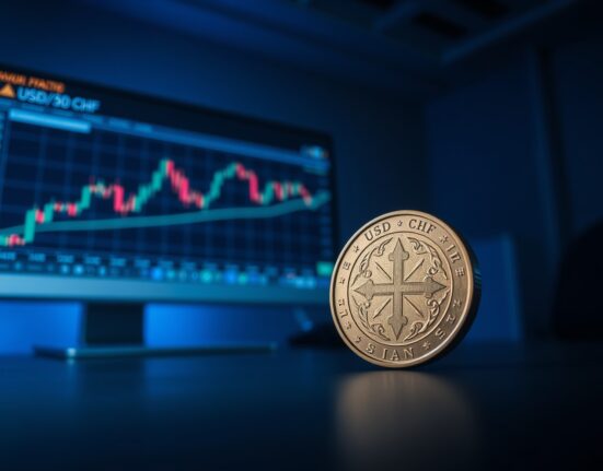 Swiss Franc coin in focus with a blurred monitor showing USD/CHF forex chart in the background.