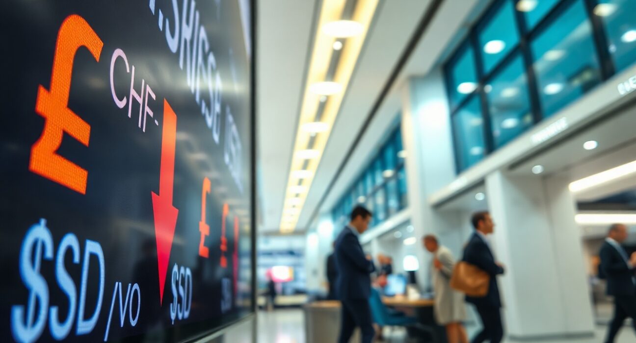 Currency exchange board showing Swiss Franc and US Dollar rates with a downward trend arrow