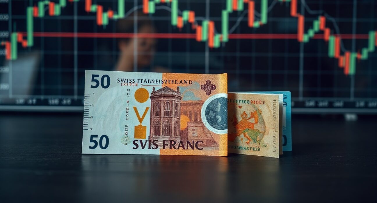 Swiss Franc and Euro banknotes on desk with chart overlay showing resistance level