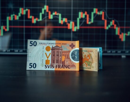Swiss Franc and Euro banknotes on desk with chart overlay showing resistance level