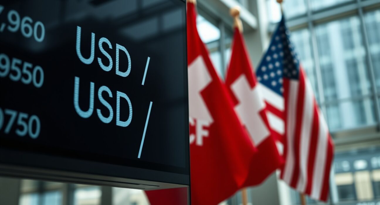 Currency exchange board showing USD/CHF rates in a financial district