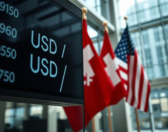 Currency exchange board showing USD/CHF rates in a financial district